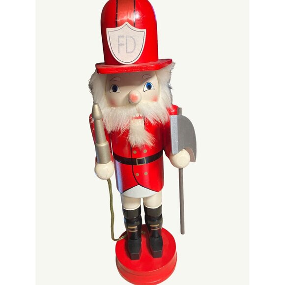 Vintage Wooden Firefighter Nutcracker Holding  Fire Hose and Accessories - Picture 1 of 12